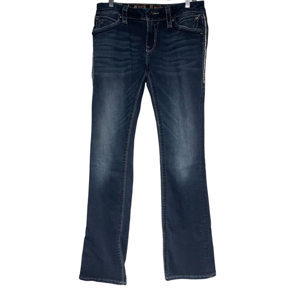 Rock Revival Leah Bootcut Womens Jeans Size 29 Dark Wash Embellished 33 Inseam